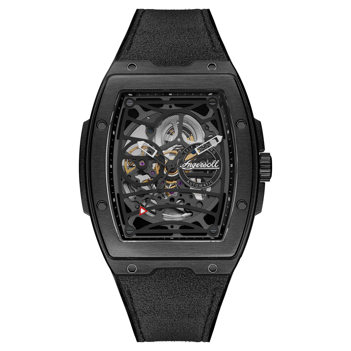 Men's black skeleton automatic watch with see-through dial and black strap