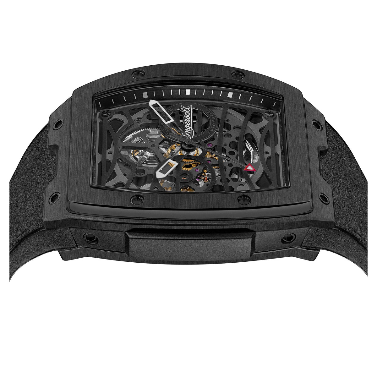 Black skeleton dial automatic watch with openwork movement and black plastic strap