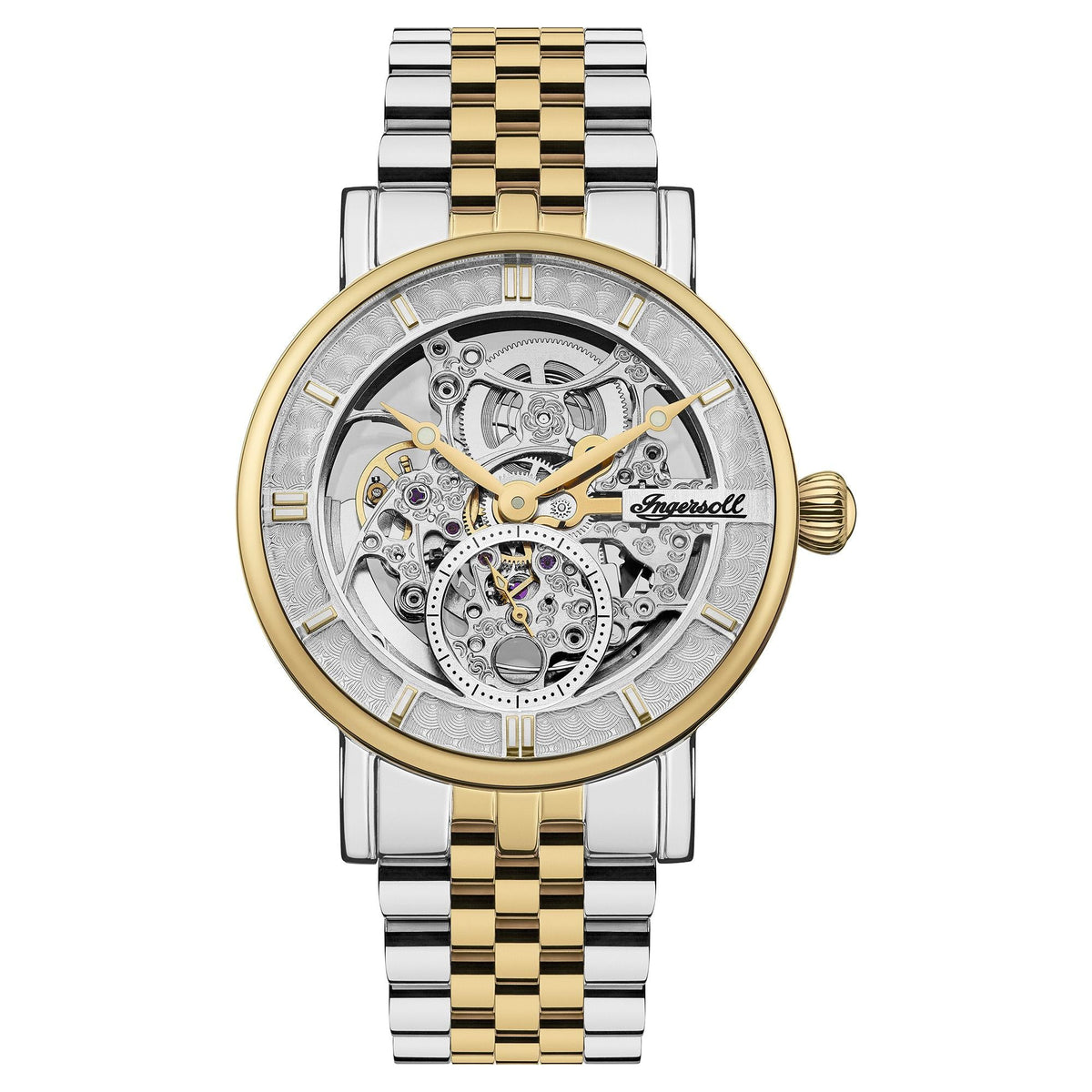 Men's automatic skeleton watch with silver dial and gold-tone bezel accents
