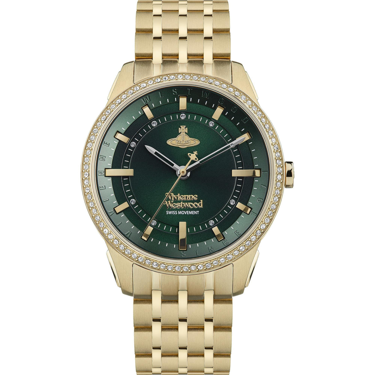 Front view gold-tone bracelet watch featuring green dial and stone-studded bezel