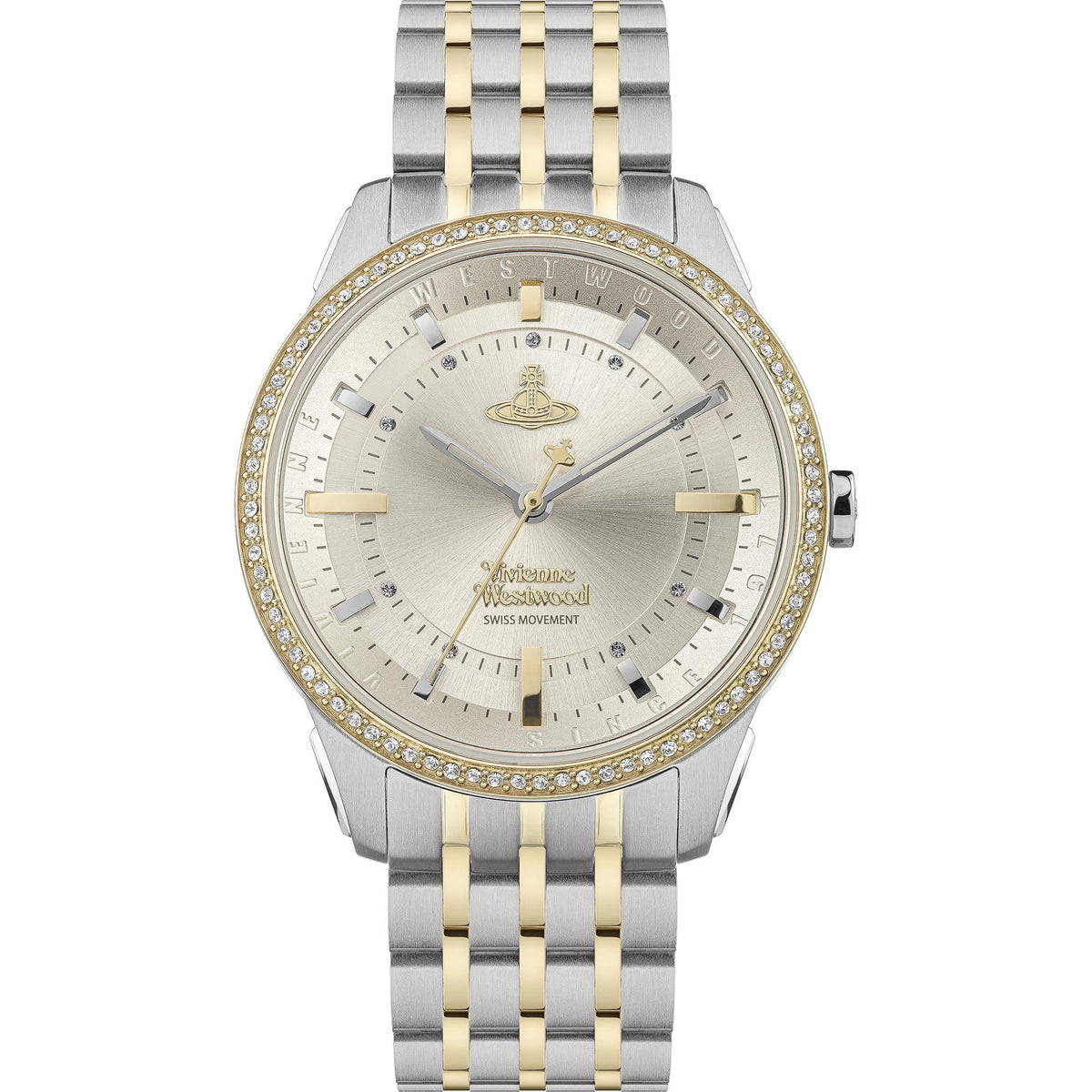 Two-tone bracelet watch with champagne dial, diamond-like bezel, gold hour markers