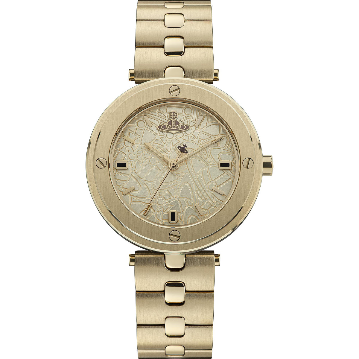 Gold stainless steel quartz watch with cream patterned dial and connected bracelet