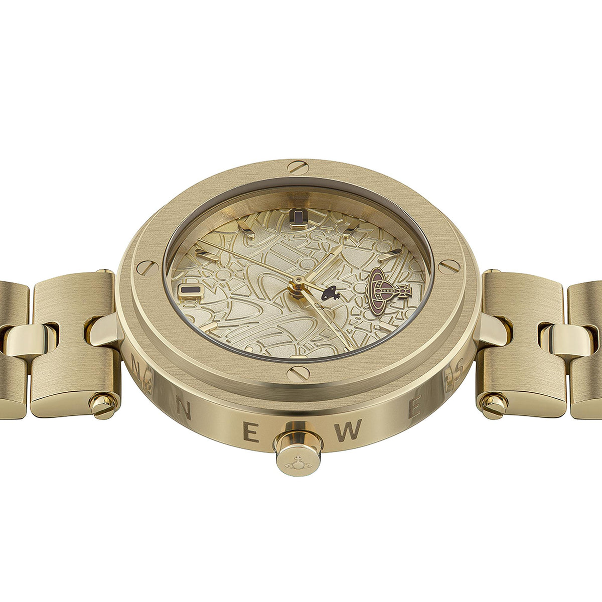 Gold stainless steel watch with patterned cream dial and clasped bracelet links