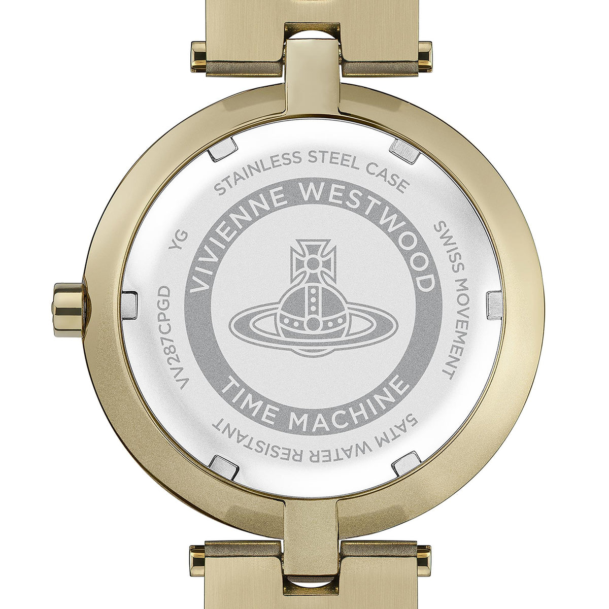 Gold stainless steel watch case back with Vivienne Westwood Time Machine engraving