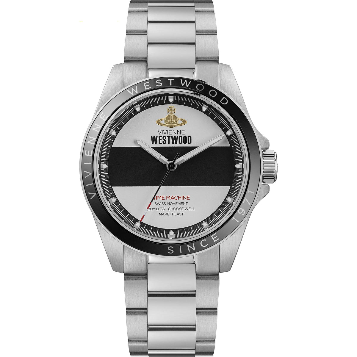 Men's stainless steel quartz watch, black-and-white striped dial, link bracelet