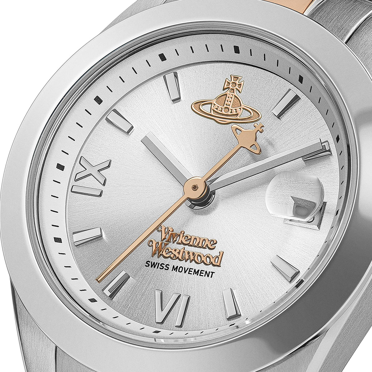 Watch dial close-up with gold-toned markers, hands, and Vivienne Westwood branding