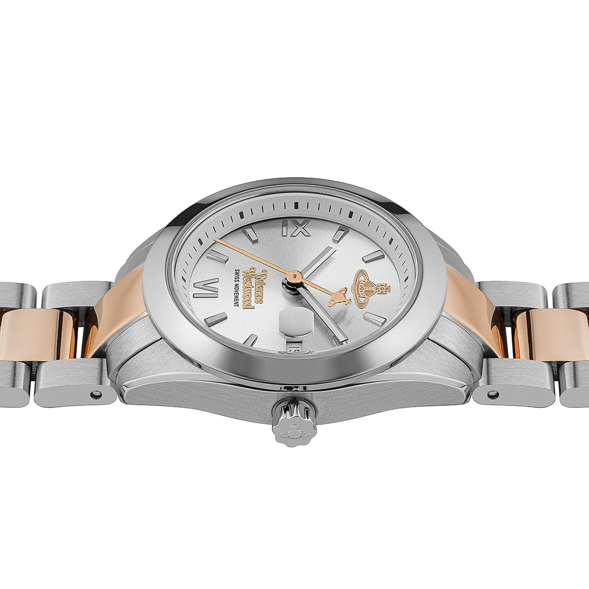 Two-tone stainless steel ladies wristwatch, front view with silver dial and rose-gold link sections