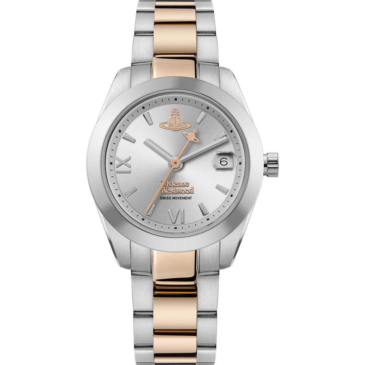Two-tone stainless steel ladies watch with silver dial, rose-gold stripe detail and Roman numerals