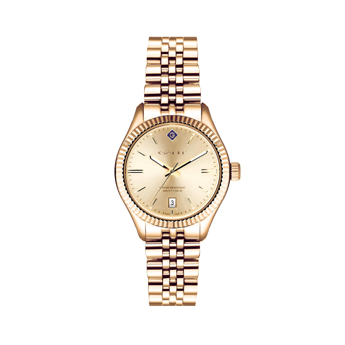 Ladies gold wristwatch profile: round cream dial, bracelet links, side crown