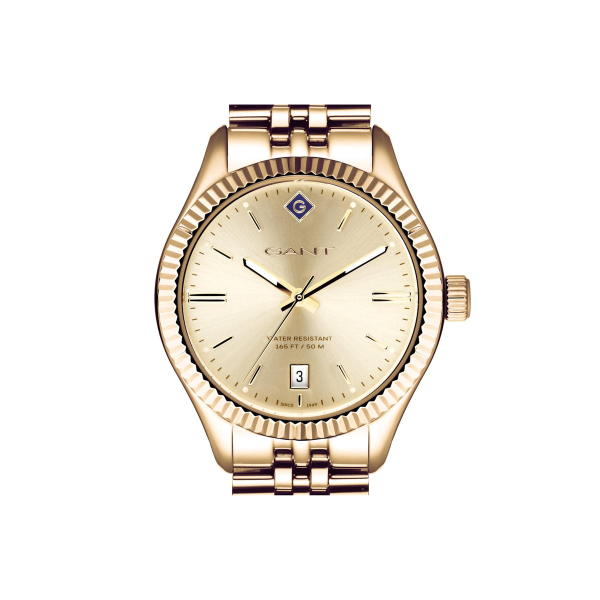 Ladies gold quartz watch front view: cream dial, baton hands, date window at 3