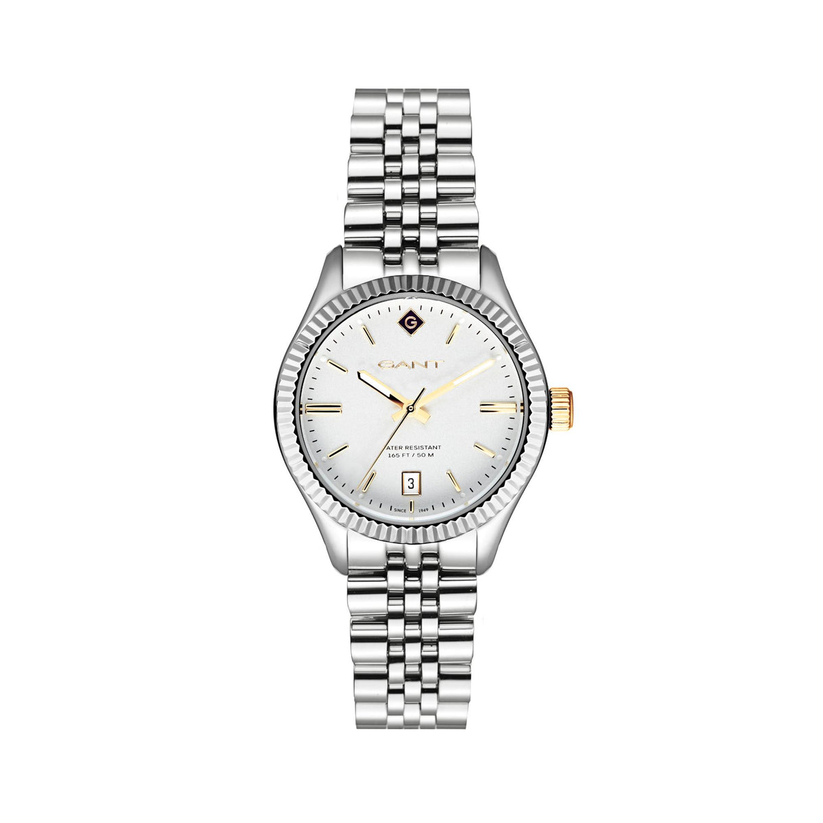 Ladies stainless steel quartz watch on bracelet with white dial, gold hands, and date window