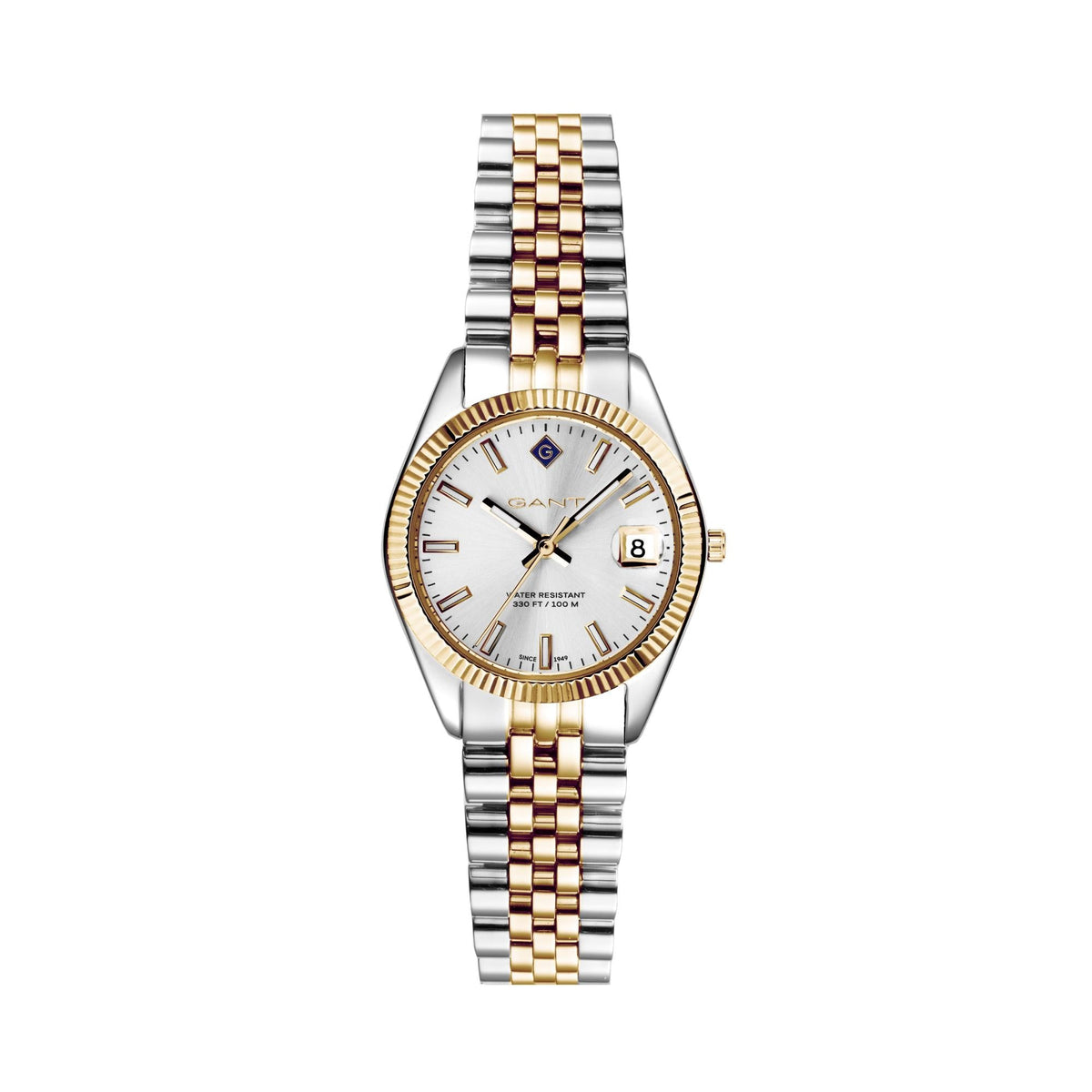 Two-tone link bracelet quartz watch with white dial, gold bezel ring, and date display
