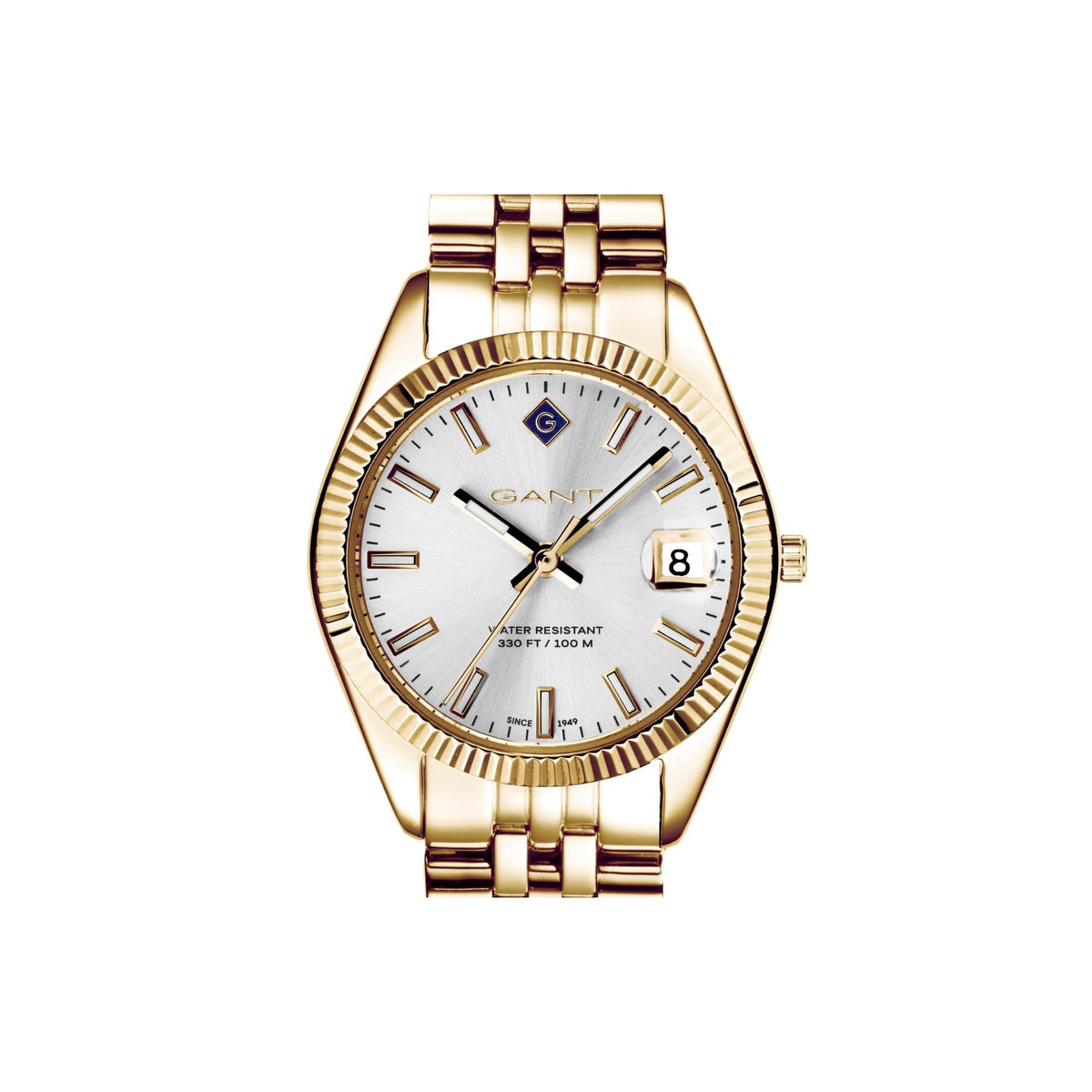Gold PVD ladies quartz watch with silver dial, baton markers and date window at 3