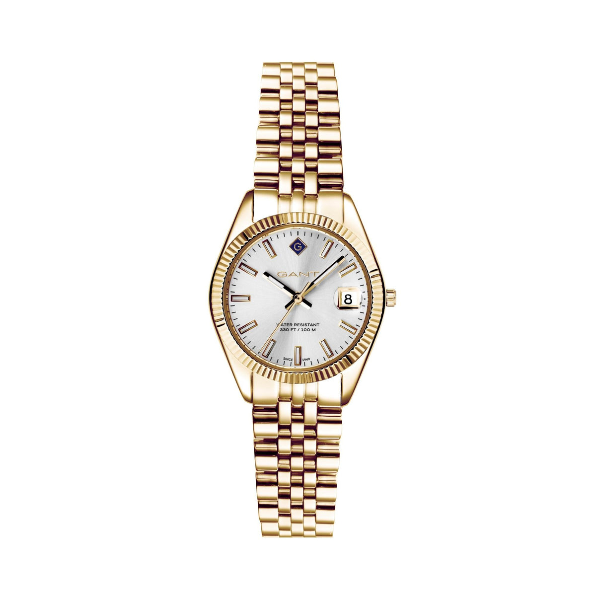 Gold PVD ladies quartz watch with silver dial, textured bezel, and gold link bracelet
