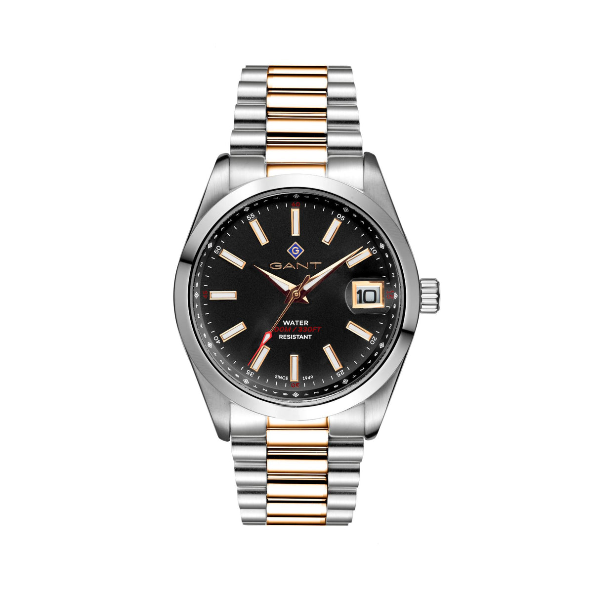Men’s quartz watch with black dial, two-tone steel bracelet, gold hour markers