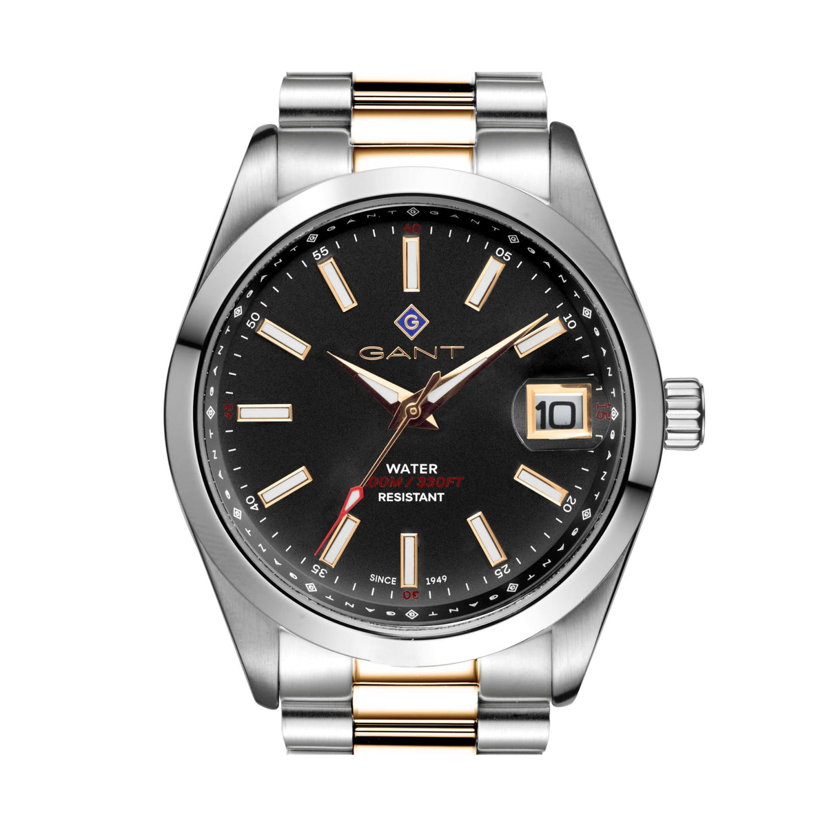 Men’s quartz watch with black dial and two-tone steel bracelet, gold hands and markers
