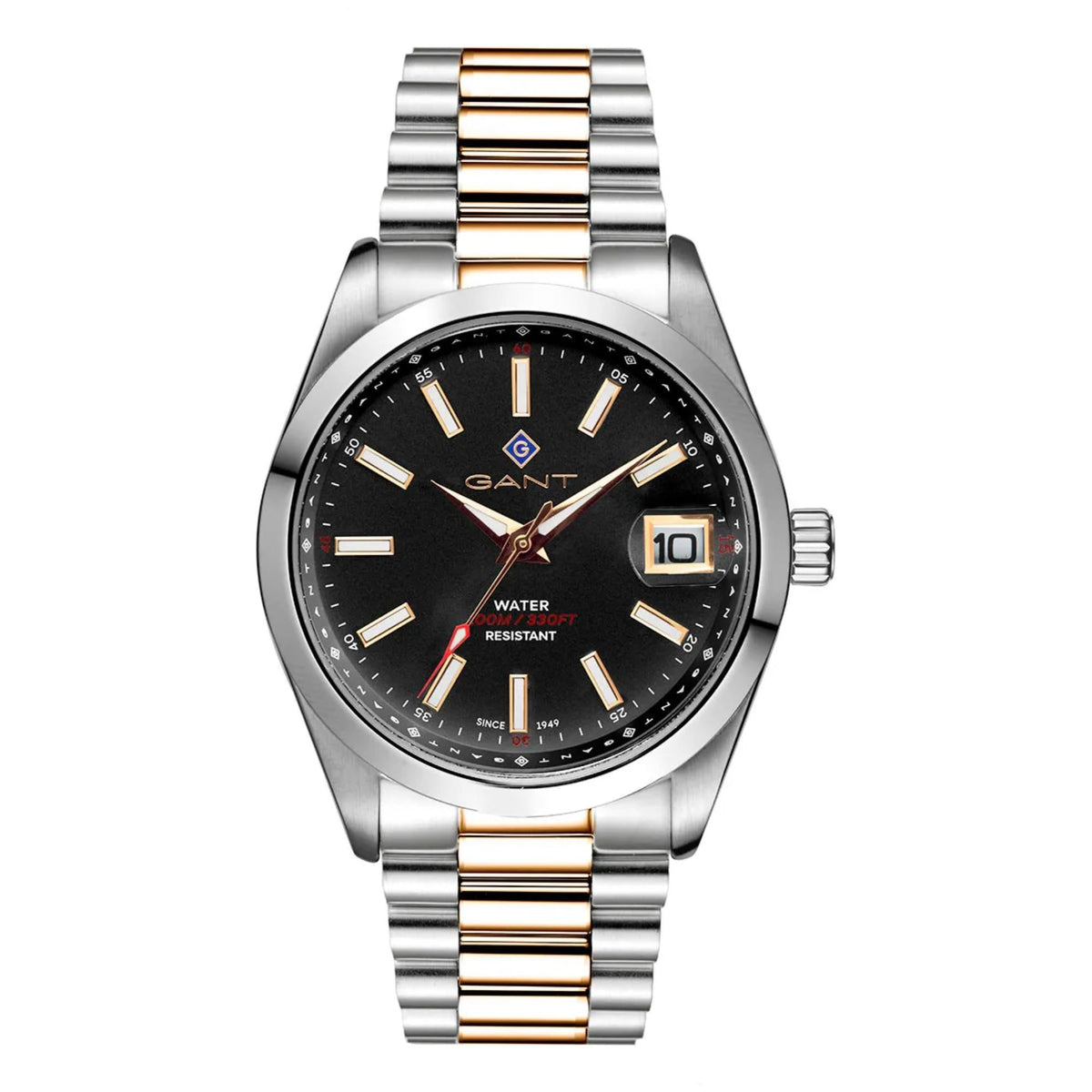 Men’s quartz watch with black dial, two-tone steel bracelet, gold markers and date window