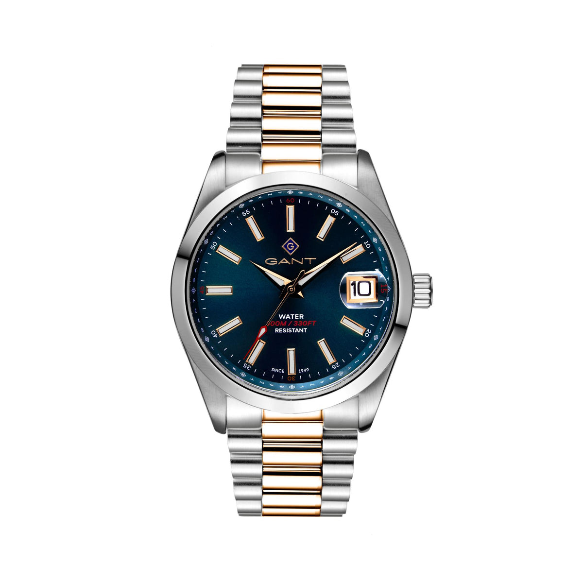 Two-tone steel bracelet men's watch with blue dial, gold hour markers, and date window