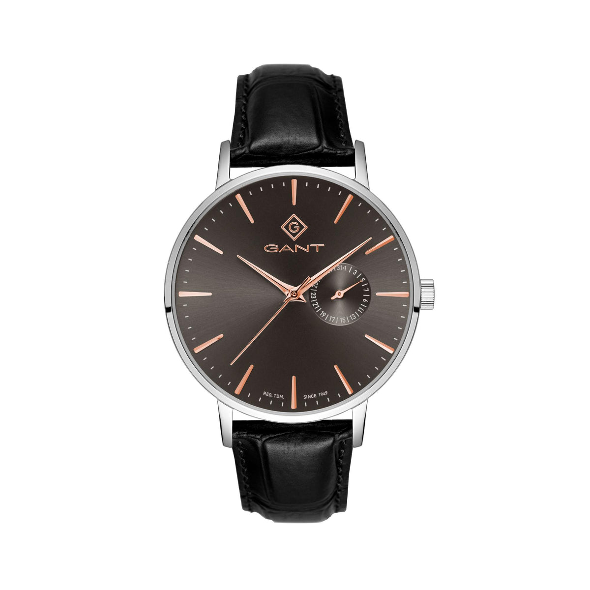 Men's wristwatch with black leather strap and dark gray dial, rose-gold hour markers and hands.