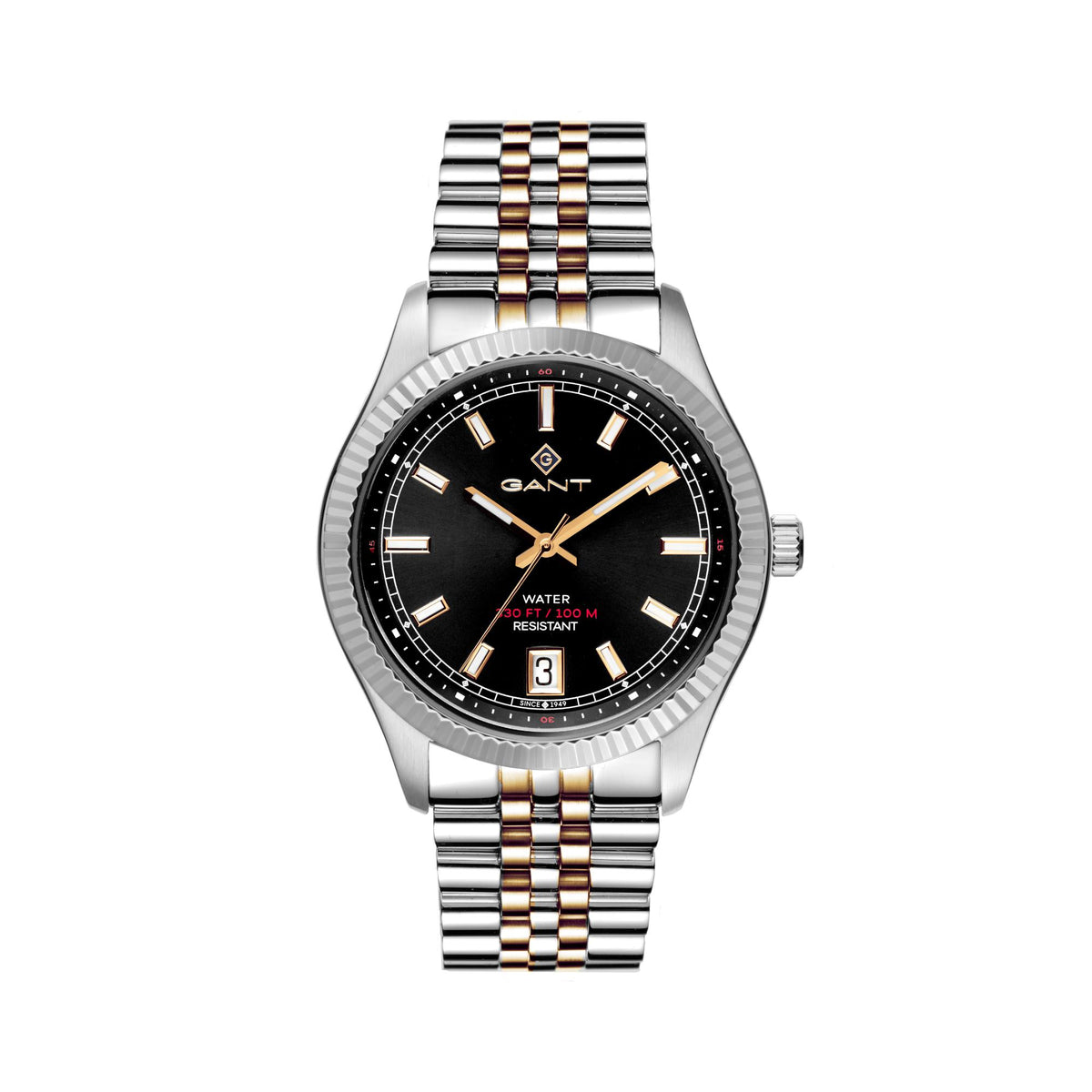 Two-tone steel men's quartz watch, black face with gold markers and date at 3