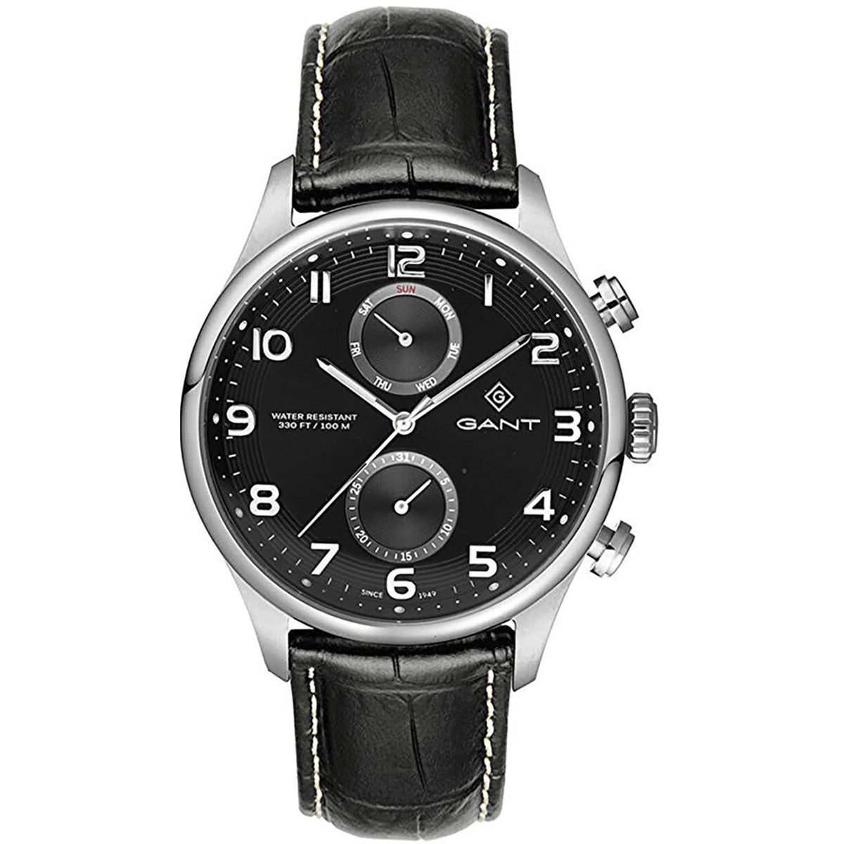 Men's quartz chronograph watch with black dial and leather strap, silver-tone bezel