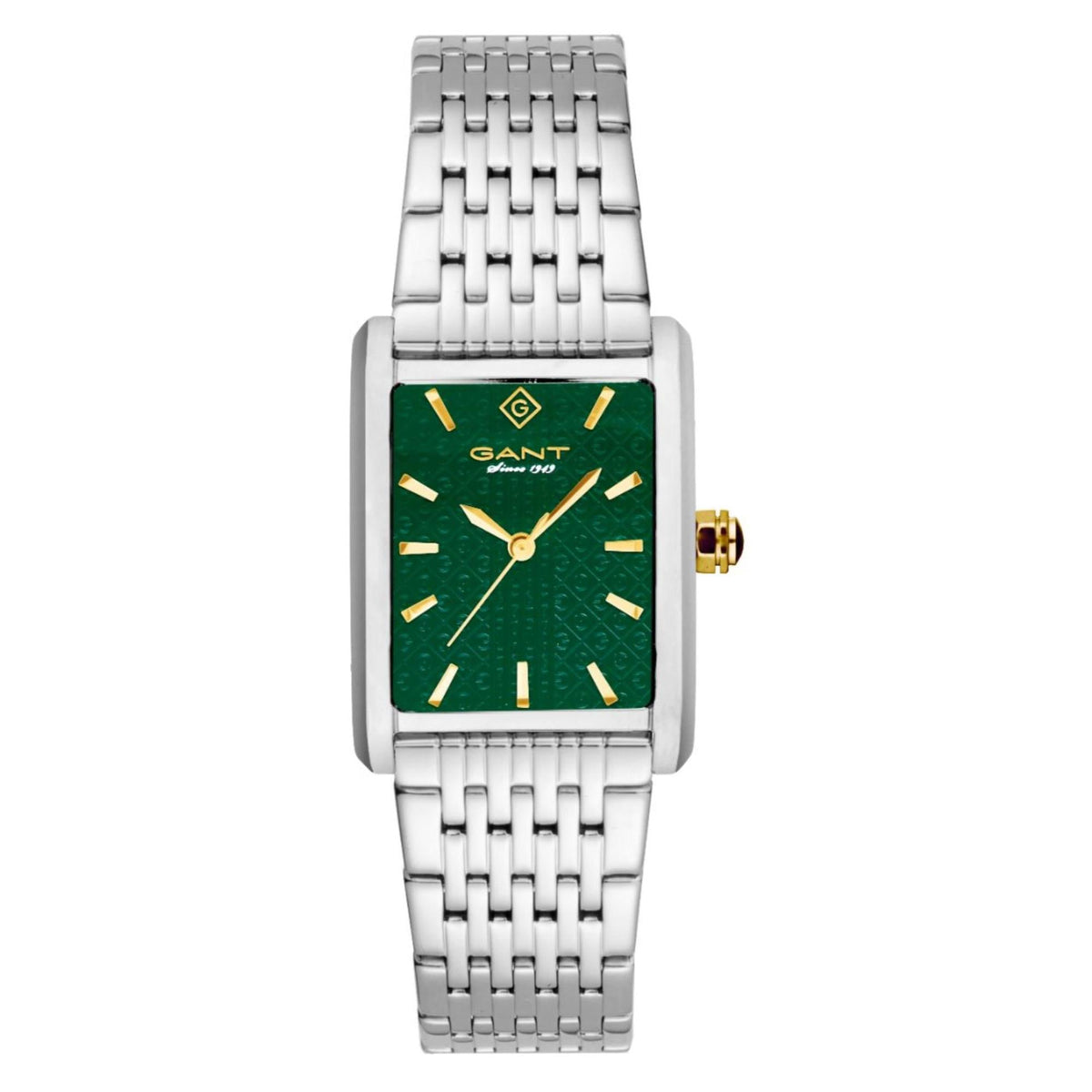 Ladies steel bracelet quartz wristwatch featuring green dial with gold hour markers