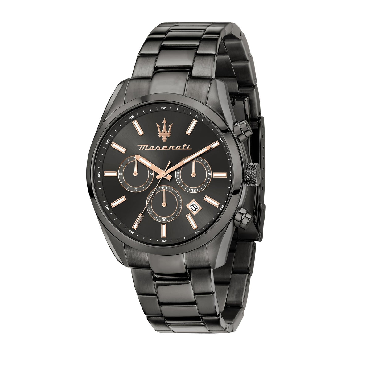 Men's black chronograph watch with black steel bracelet and dial, three subdials
