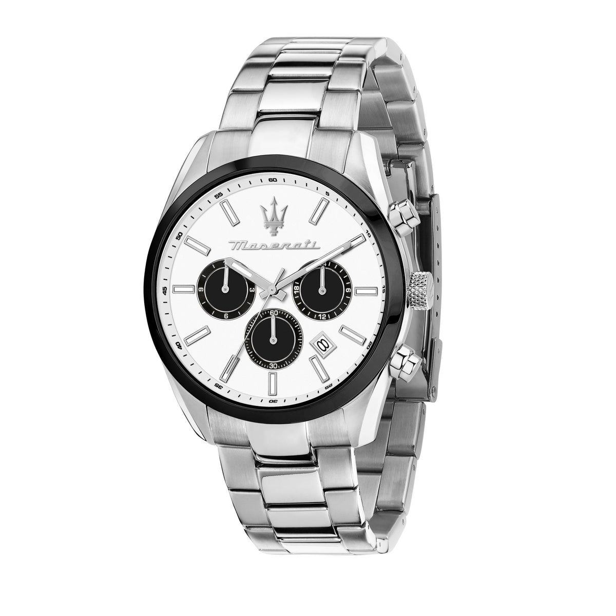 Maserati steel chronograph watch front view, white dial with black bezels and subdials