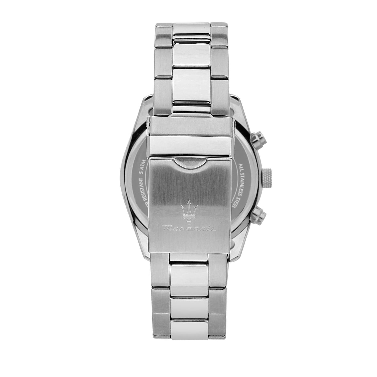 Maserati steel chronograph watch back view with engraved caseback and bracelet
