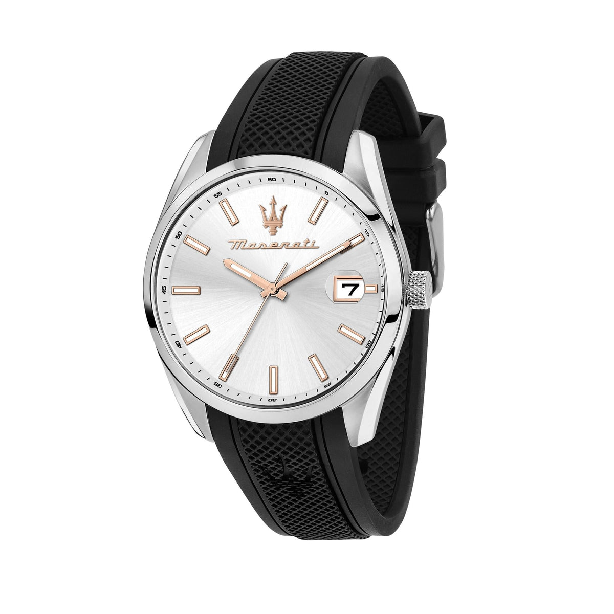 Maserati men's quartz watch front view with silver dial, orange hour marks, black strap