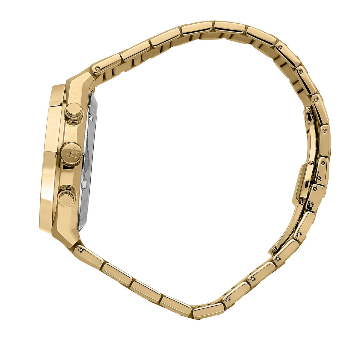 Gold-tone Maserati chronograph watch bracelet with metal links and clasp, side view