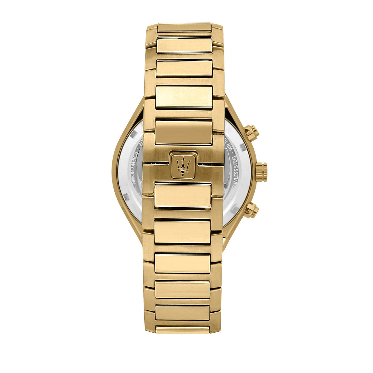 Gold-tone chronograph watch with linked bracelet, side profile with black dial