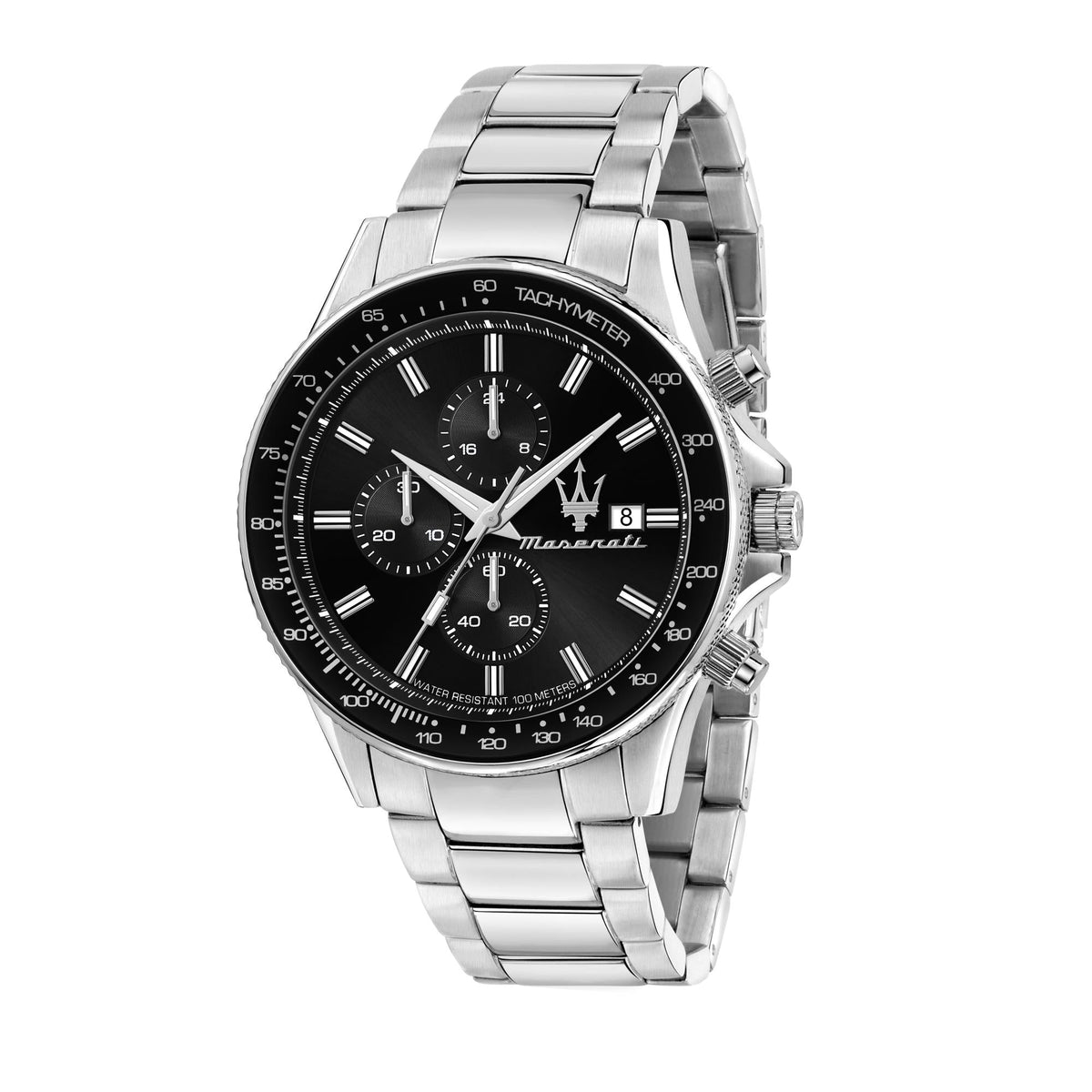 Men's steel chronograph watch with black tachymeter dial, three subdials, and date window
