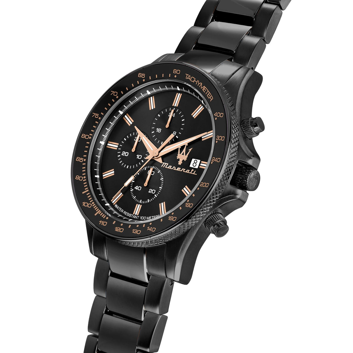 Black chronograph watch with tachymeter bezel, rose-gold hands, and black bracelet