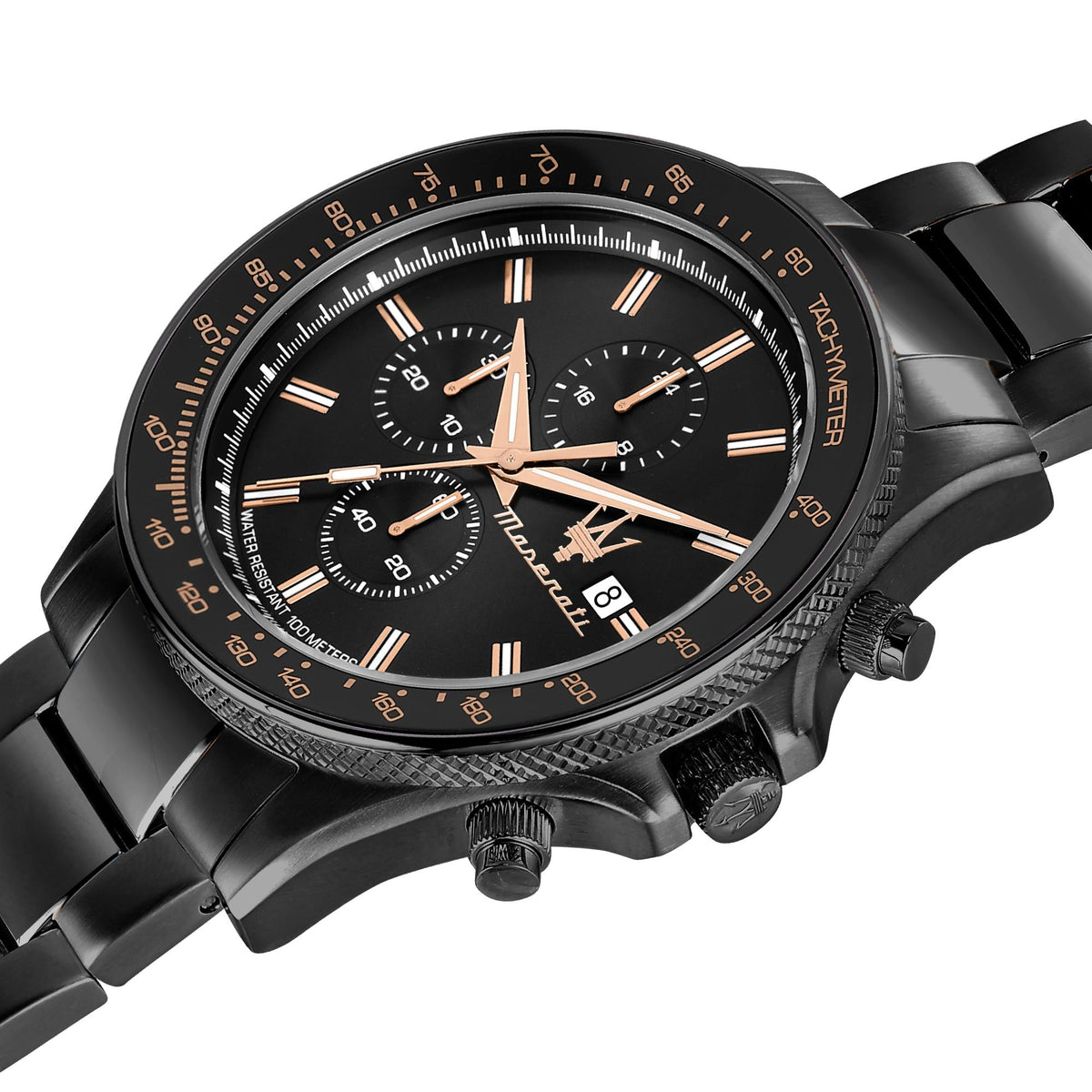 Black chronograph dial with tachymeter bezel, rose-gold hands, and black steel bracelet