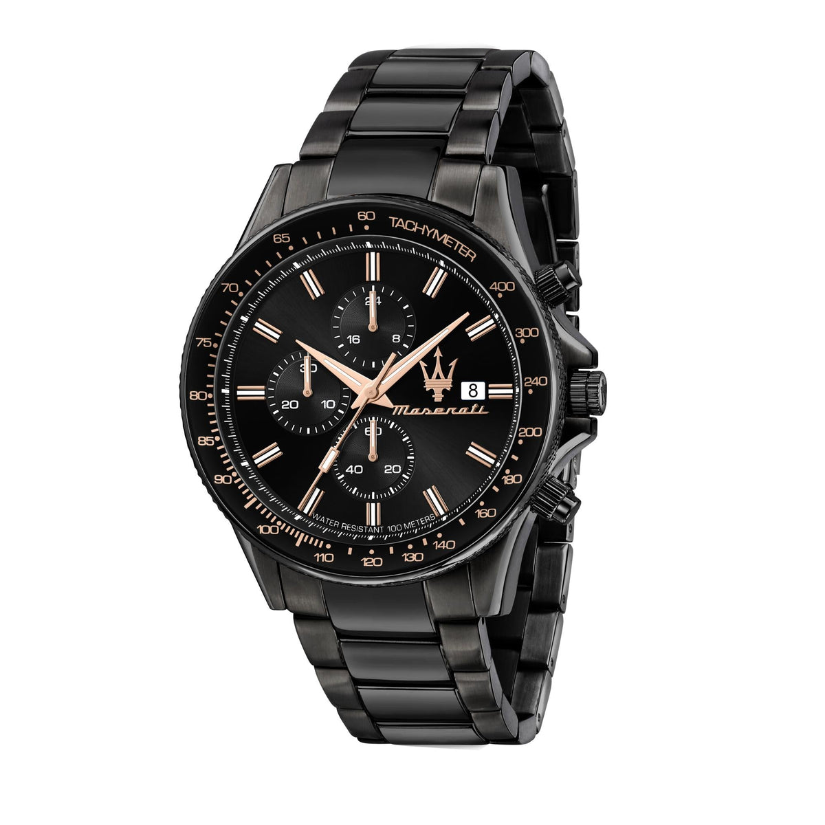 Maserati men's black chronograph wristwatch with black dial, rose-gold accents