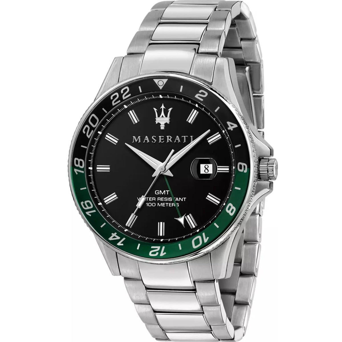 Men's Maserati GMT quartz watch with black dial and green bezel, steel bracelet.