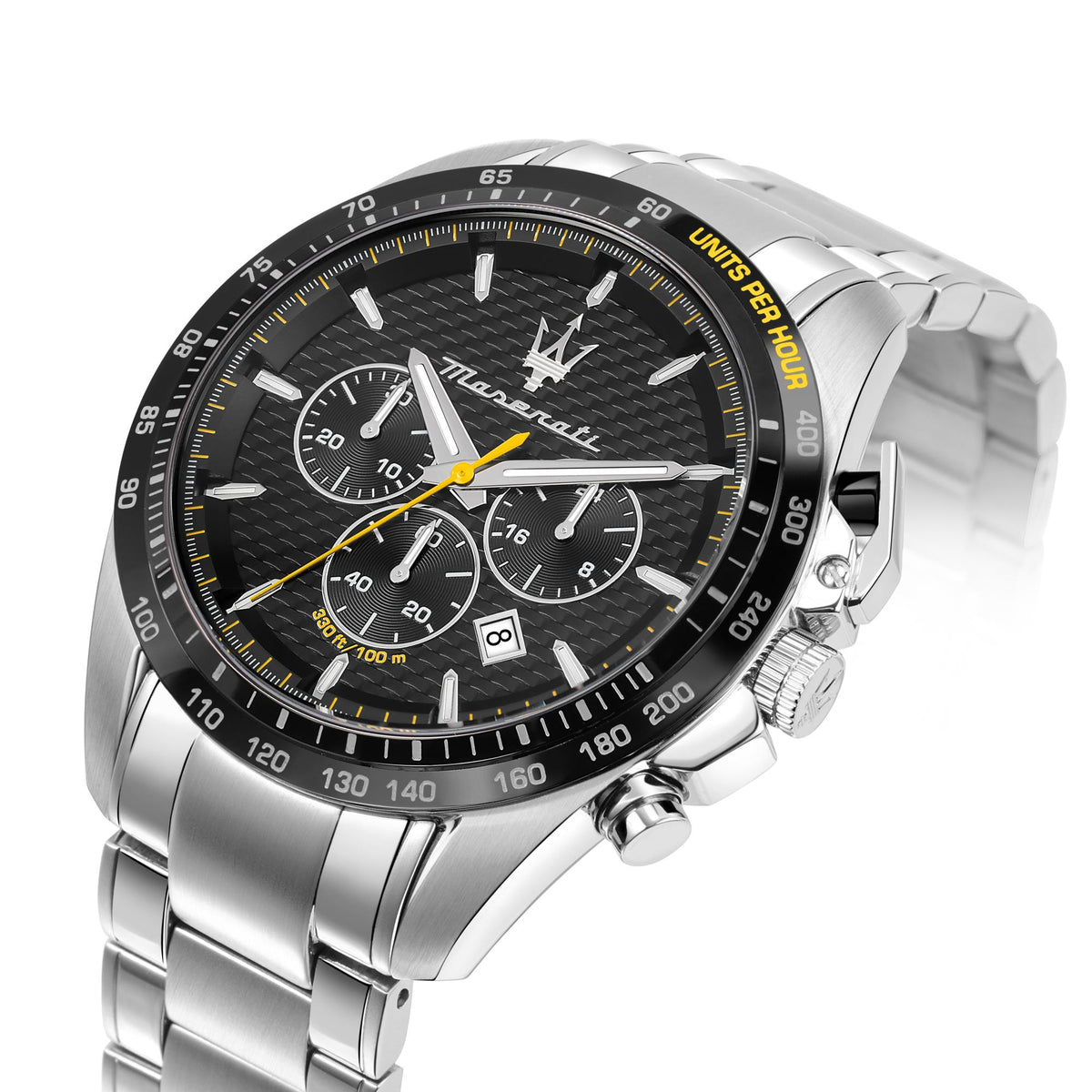 Steel chronograph wristwatch with black dial, three subdials, and yellow accents