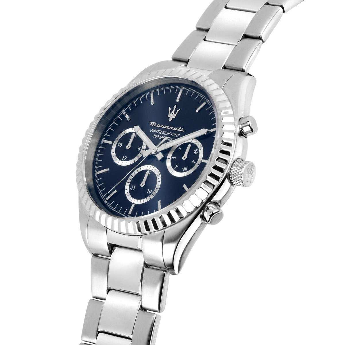 Blue chronograph wristwatch with steel bracelet, round dial, subdials, side crown