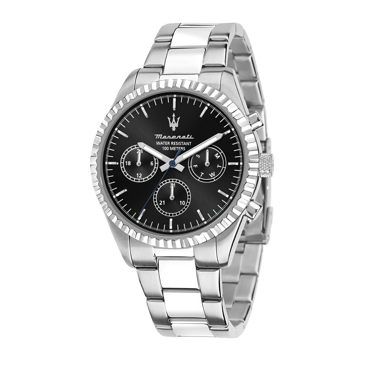 Maserati chronograph watch with black dial and steel bracelet, three subdials