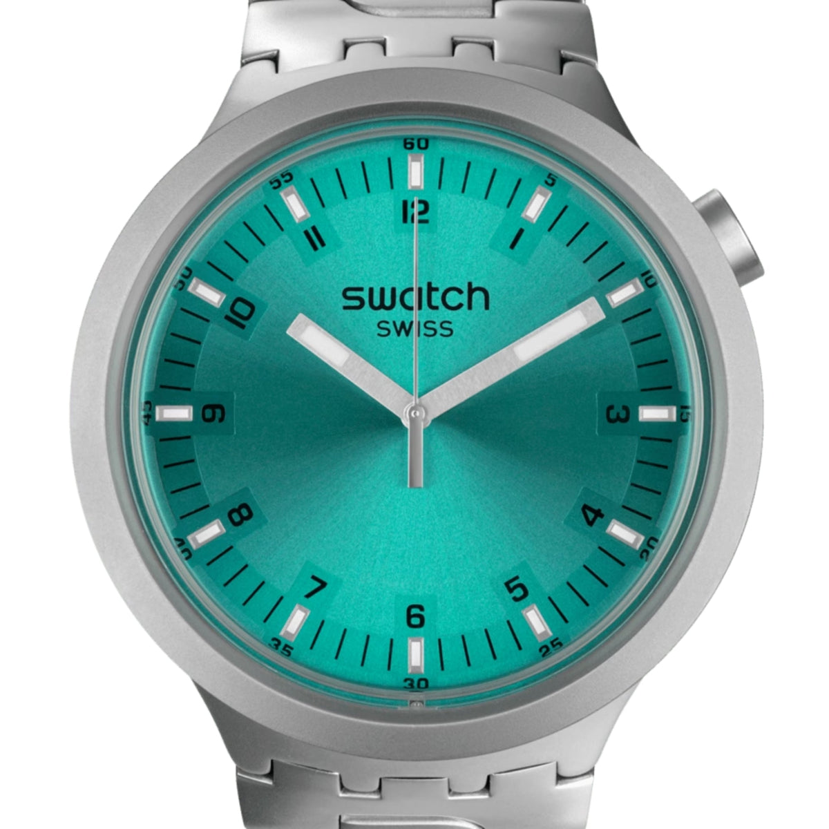 Unisex steel watch close-up with aqua dial, baton indices, and side crown