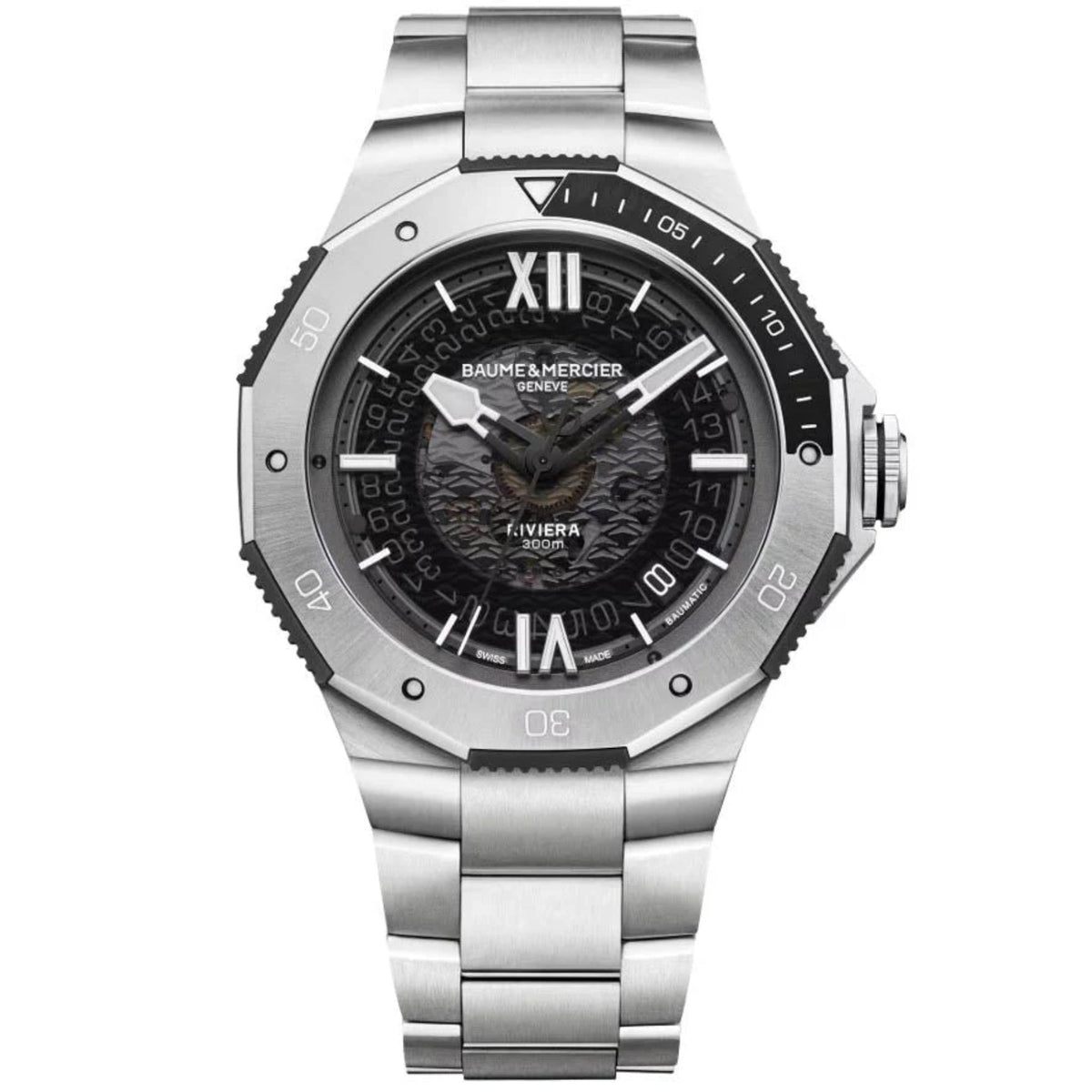 Men's stainless steel automatic watch front view with black dial and metal bracelet