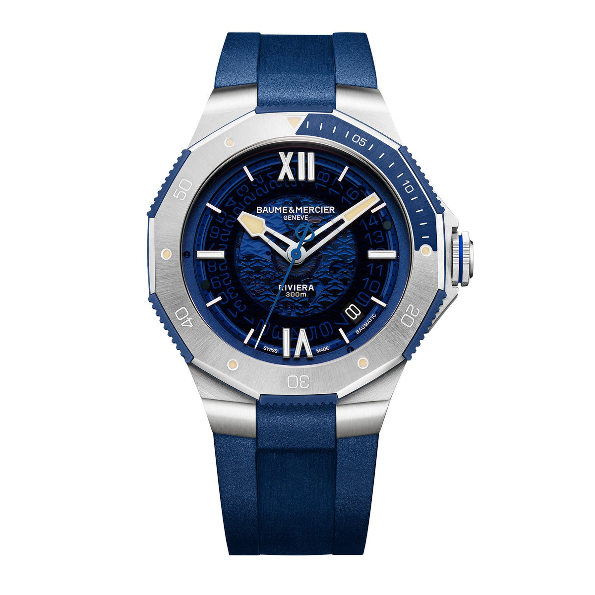 Men's automatic watch front view with blue dial, stainless case, and blue rubber strap