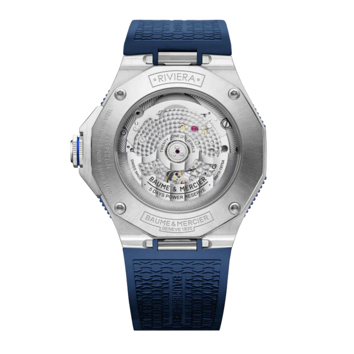 Men's automatic watch back plate showing movement detail and blue textured rubber strap