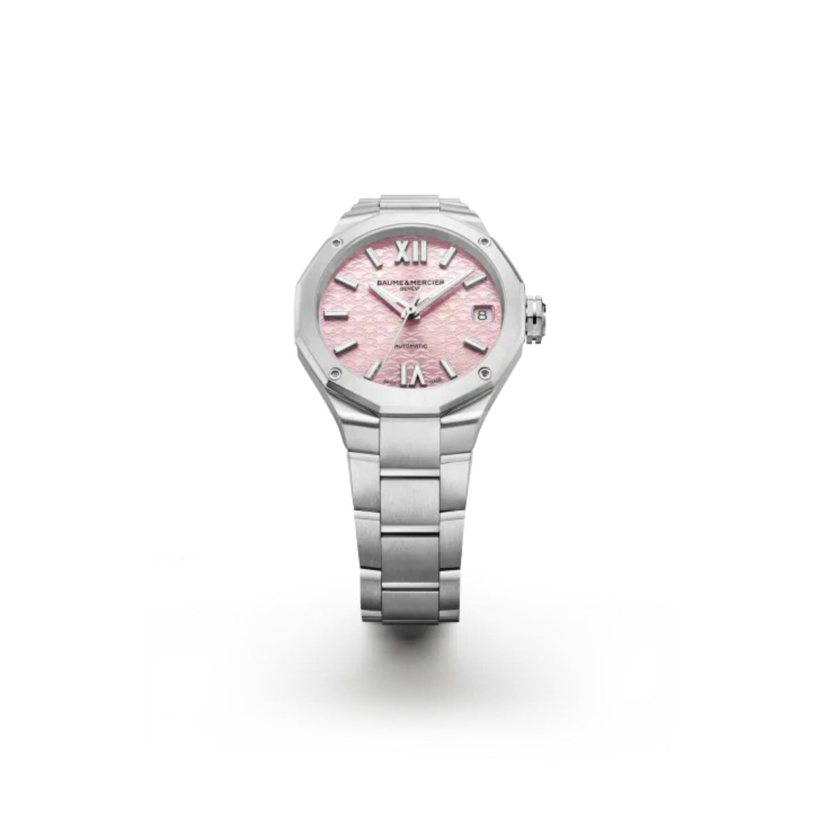 Ladies automatic watch, stainless steel bracelet, pink dial with Roman numerals