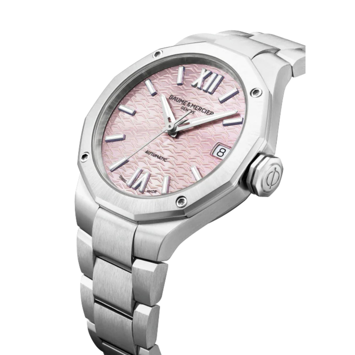 Close-up of stainless steel ladies watch, pink dial with Roman numerals