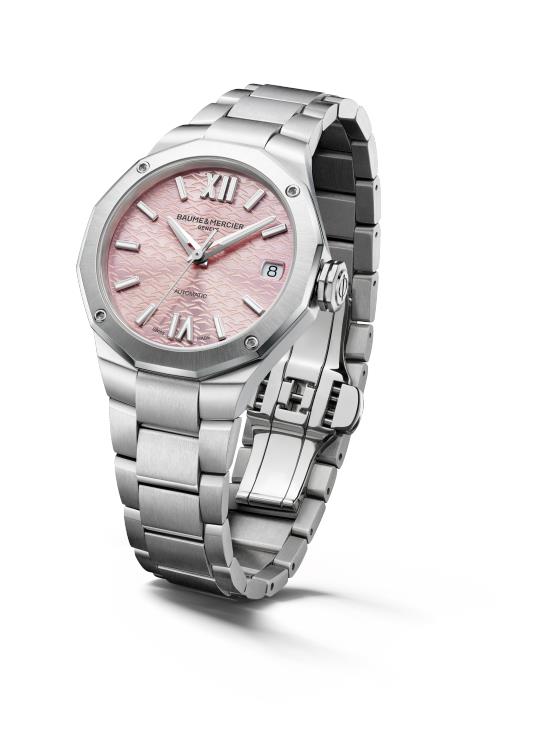 Front view of ladies automatic watch, stainless steel bracelet, pink dial