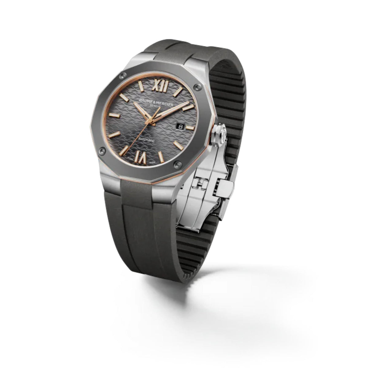 Men's automatic watch side-angle view showing grey dial and black rubber strap
