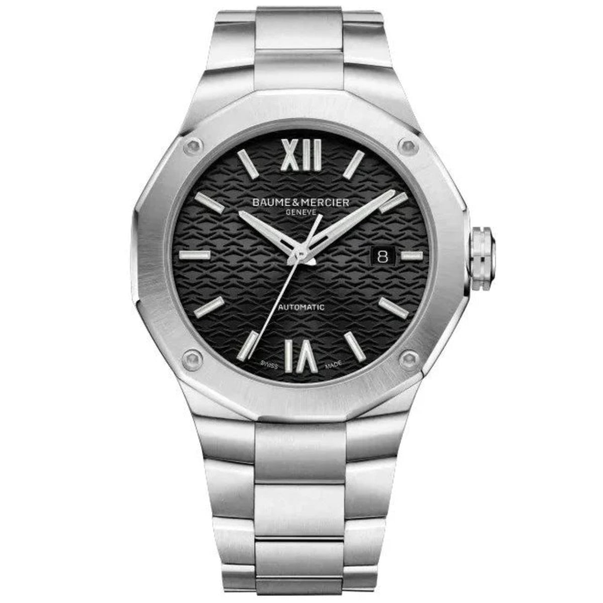 Men's stainless steel bracelet watch with black dial, Roman numerals, automatic label