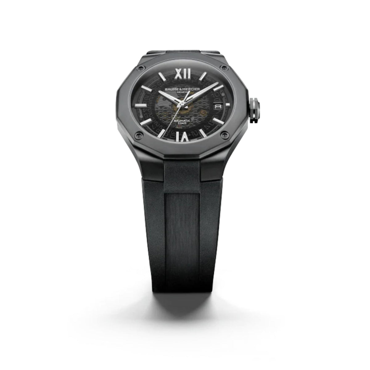 Men's Baume & Mercier automatic watch, dark dial with silver hands, black rubber strap